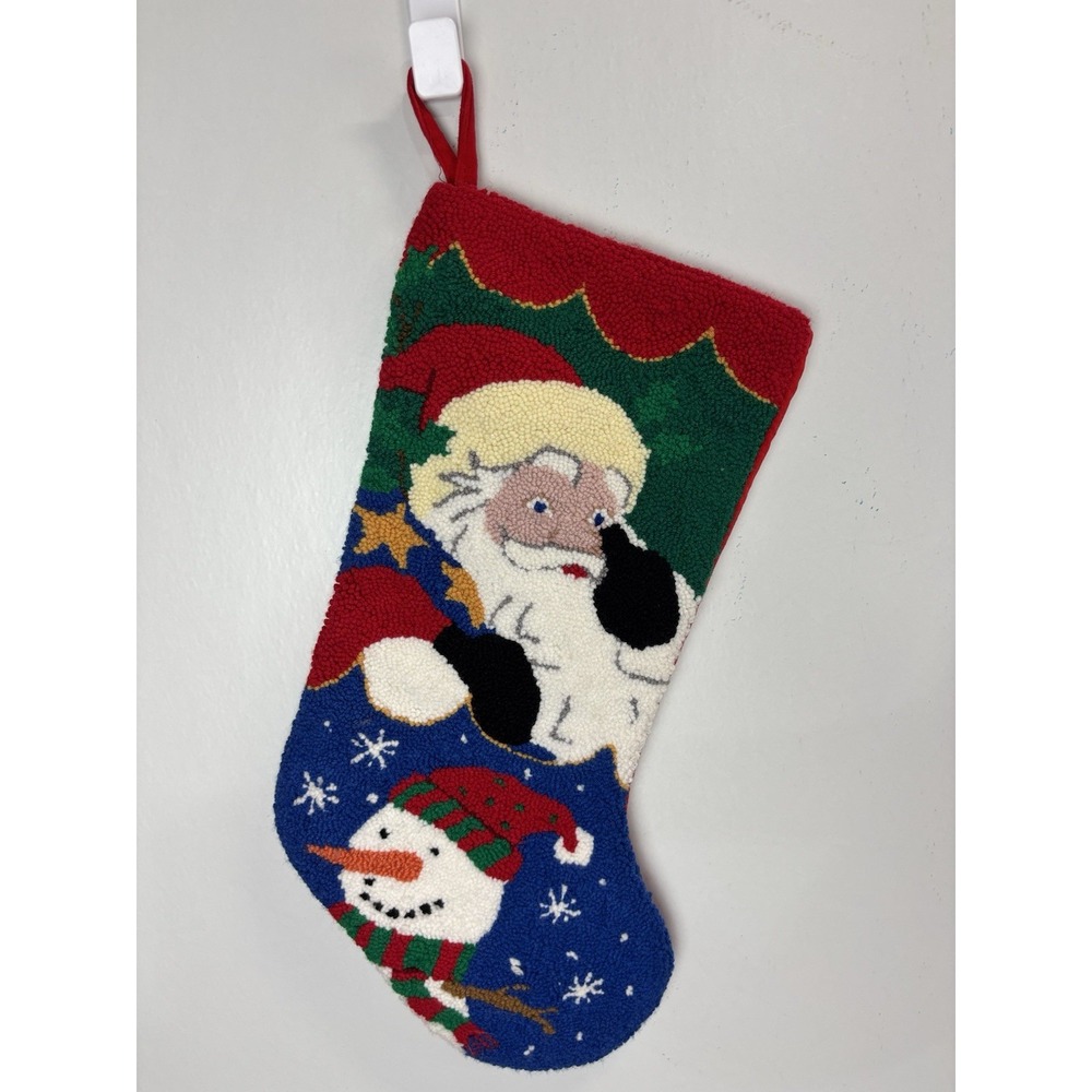 Santa Snowman Latch Hook Loop Blue Red Needlepoint Christmas Stocking